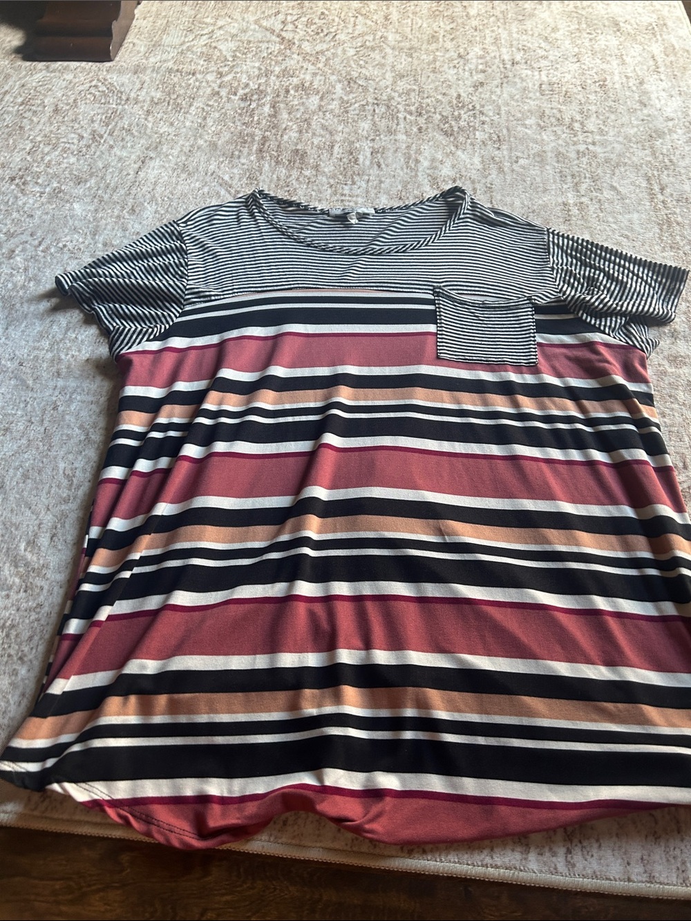Moa Moa Striped Short-Sleeve Pocket Tee in Pink, Black and Cream